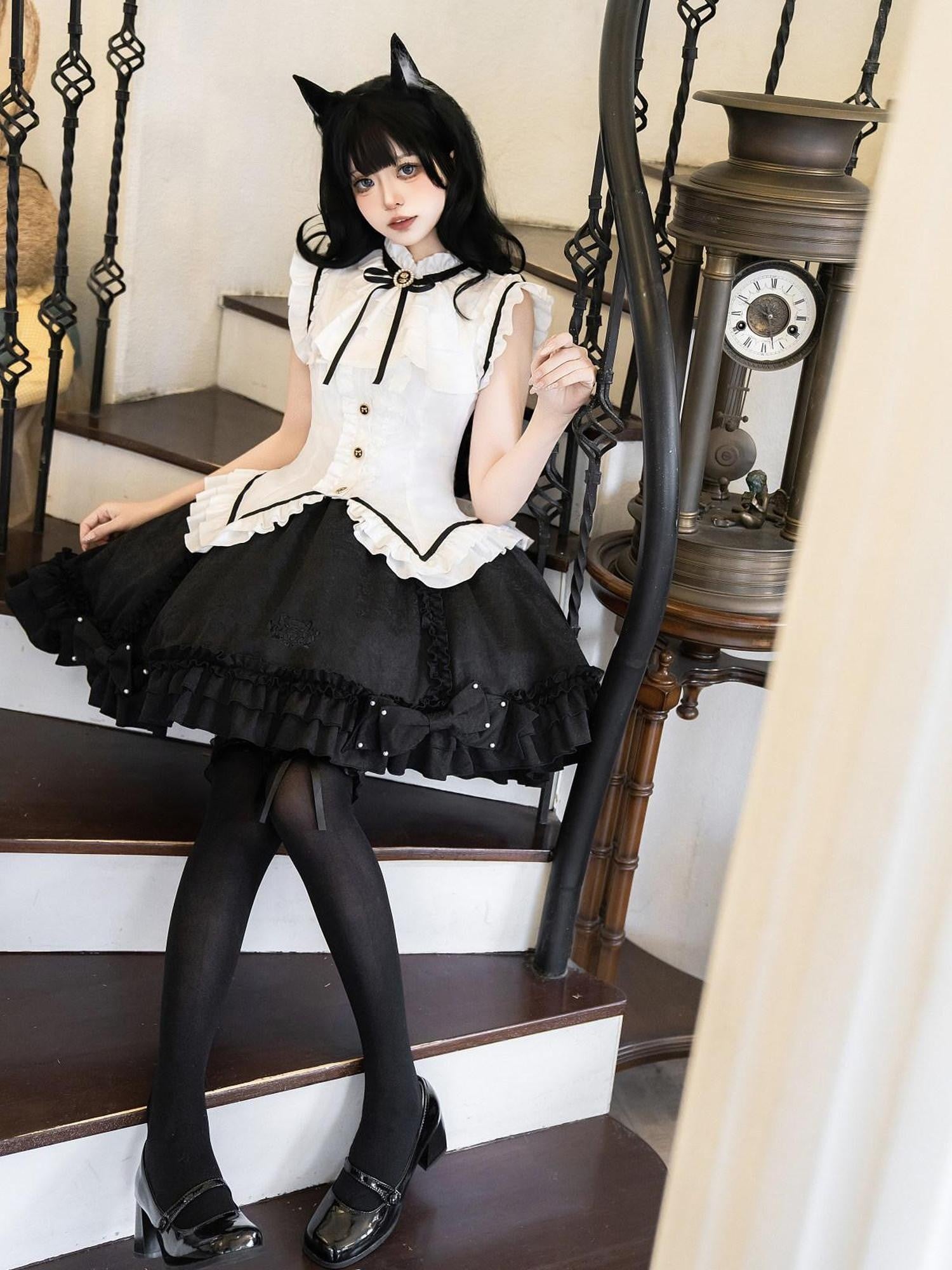 Jing Mu Black Cat Lolita Gothic Maid Waist Cinched Cake Puff Jsk Women's Skirt Sets