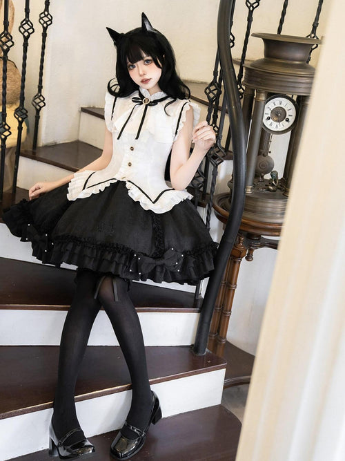 Jing Mu Black Cat Lolita Gothic Maid Waist Cinched Cake Puff Jsk Women's Skirt Sets