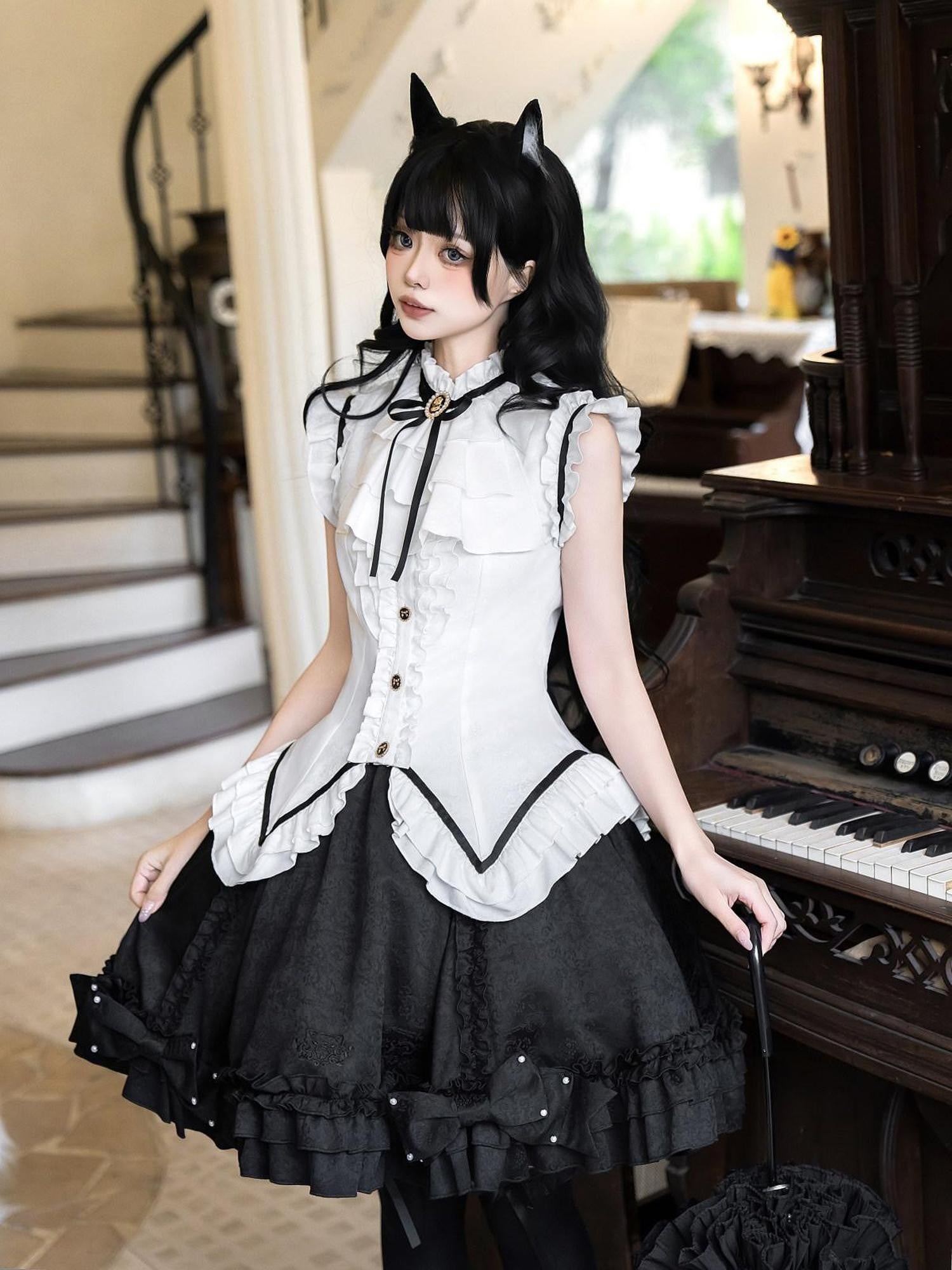 Jing Mu Black Cat Lolita Gothic Maid Waist Cinched Cake Puff Jsk Women's Skirt Sets