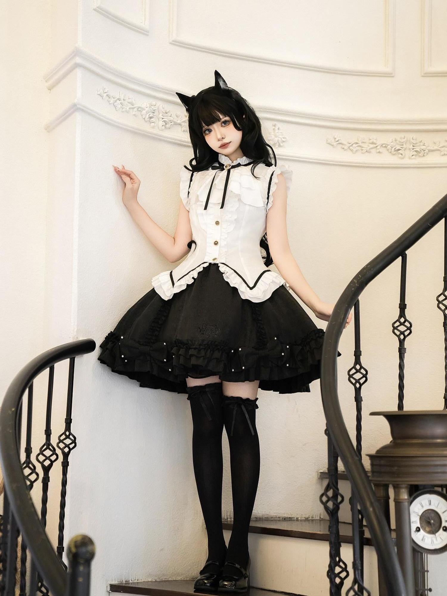 Jing Mu Black Cat Lolita Gothic Maid Waist Cinched Cake Puff Jsk Women's Skirt Sets