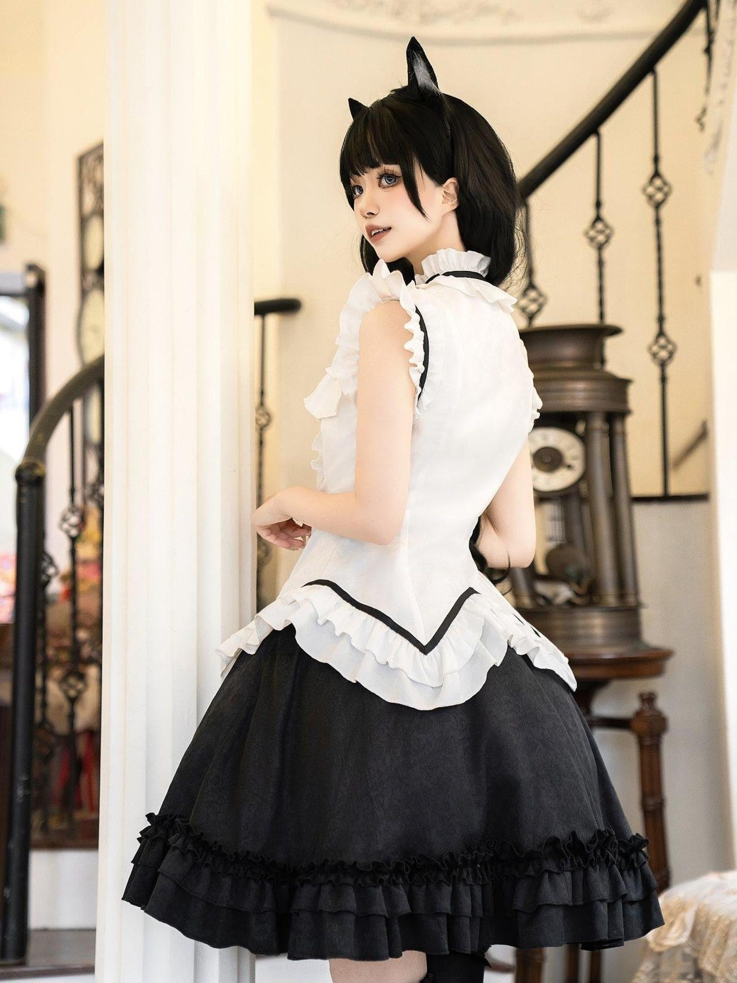 Jing Mu Black Cat Lolita Gothic Maid Waist Cinched Cake Puff Jsk Women's Skirt Sets