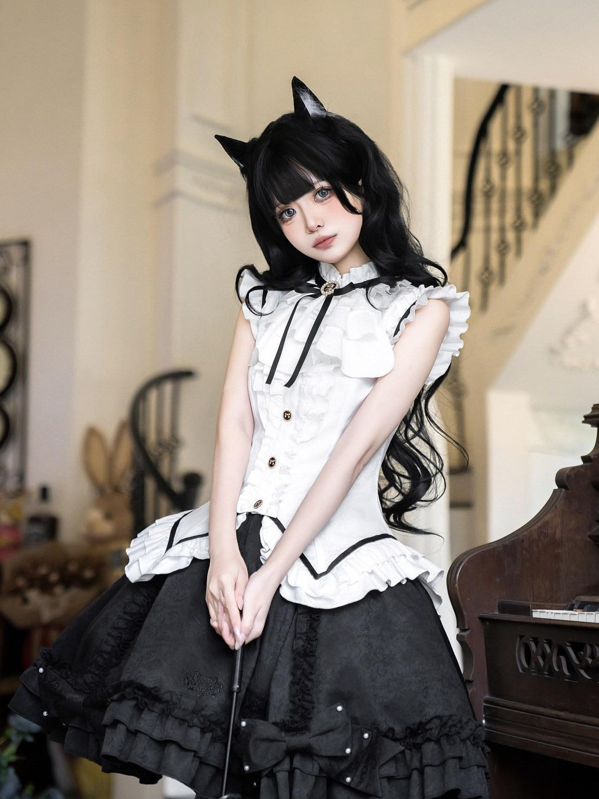 Jing Mu Black Cat Lolita Gothic Maid Waist Cinched Cake Puff Jsk Women's Skirt Sets