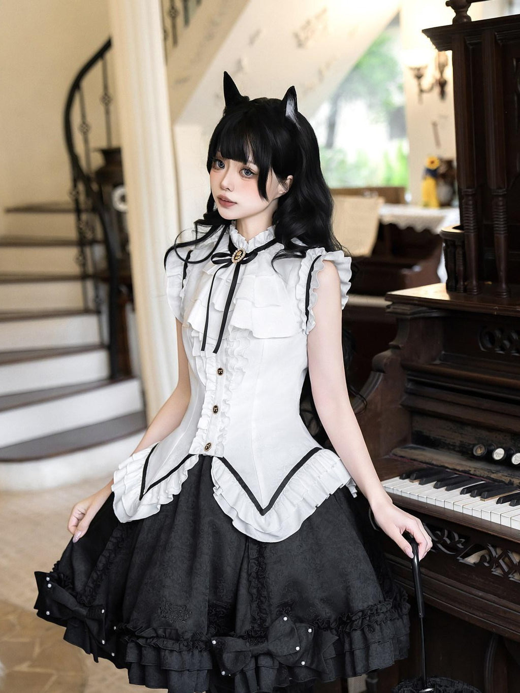 Jing Mu Black Cat Lolita Gothic Maid Waist Cinched Cake Puff Jsk Women's Skirt Sets