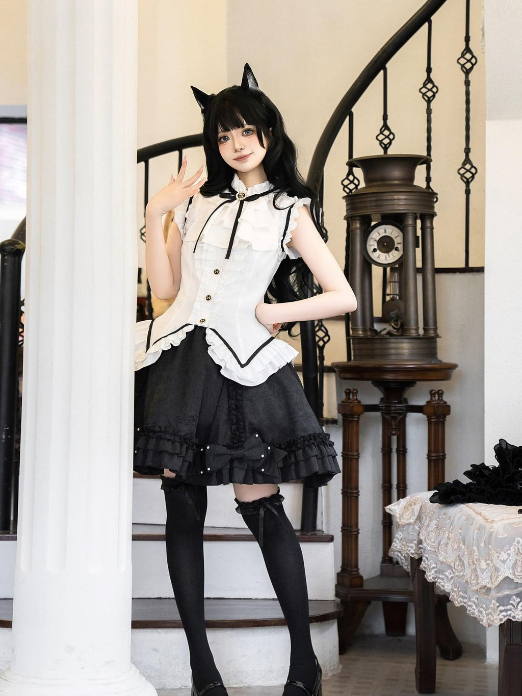 Jing Mu Black Cat Lolita Gothic Maid Waist Cinched Cake Puff Jsk Women's Skirt Sets