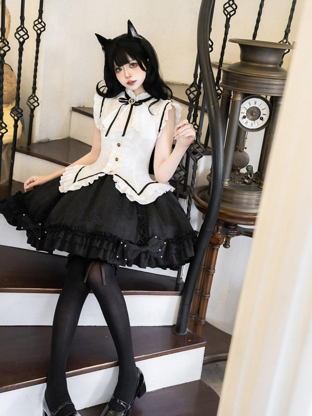 Jing Mu Black Cat Lolita Gothic Maid Waist Cinched Cake Puff Jsk Women's Skirt Sets