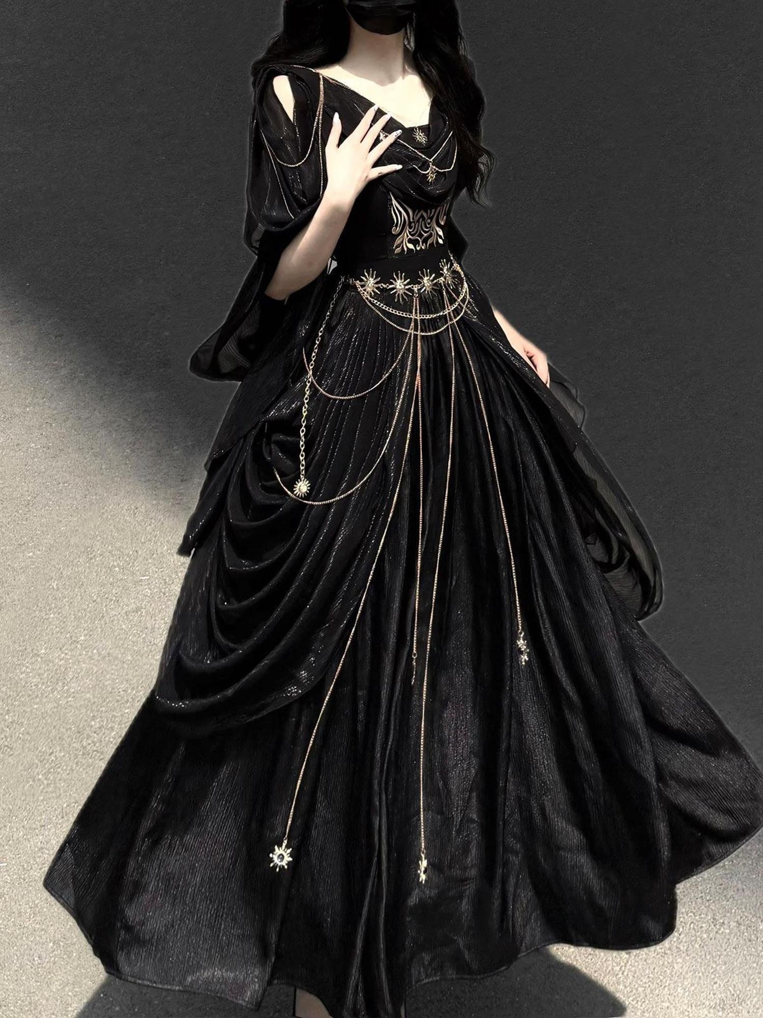 Jing Mu Black Dark Greek Goddess V-neck A Line Women's Vintage Long Elegant Jsk Sets