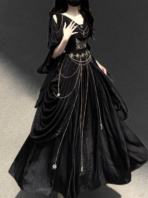 Jing Mu Black Dark Greek Goddess V-neck A Line Women's Vintage Long Elegant Jsk Sets