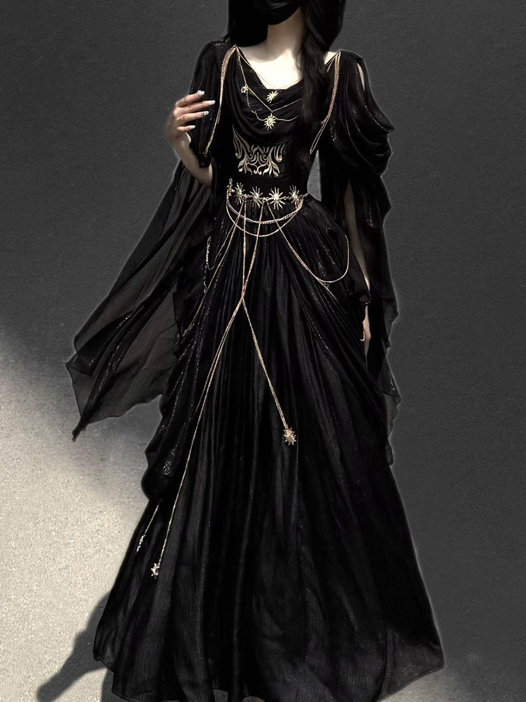 Jing Mu Black Dark Greek Goddess V-neck A Line Women's Vintage Long Elegant Jsk Sets