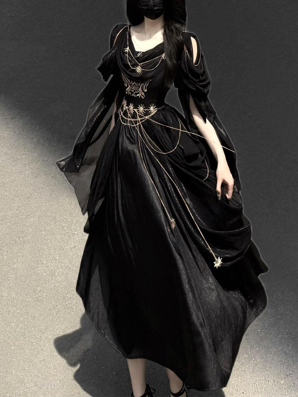 Jing Mu Black Dark Greek Goddess V-neck A Line Women's Vintage Long Elegant Jsk Sets