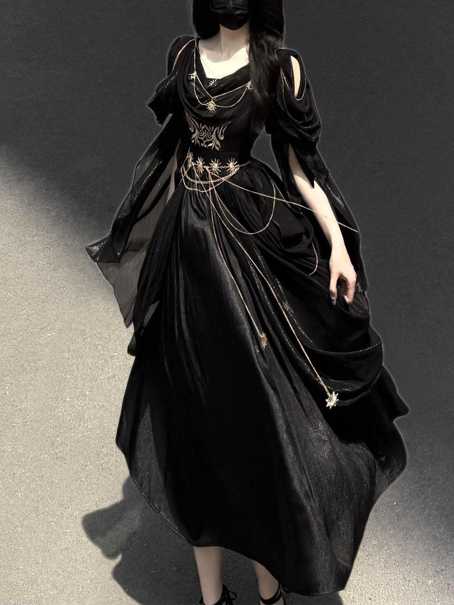 Jing Mu Black Dark Greek Goddess V-neck A Line Women's Vintage Long Elegant Jsk Sets