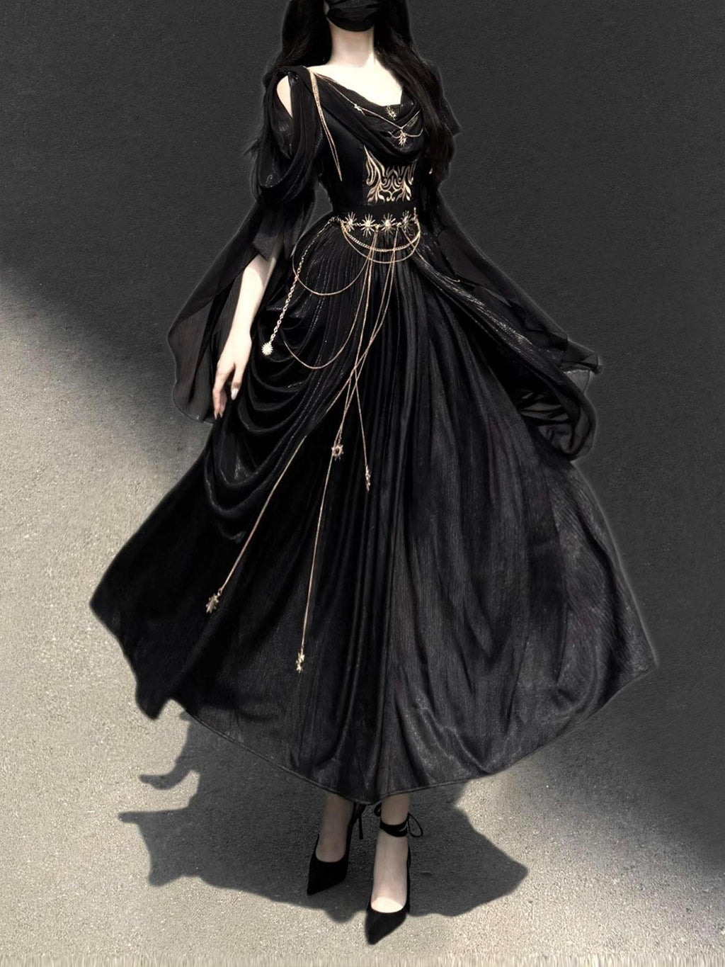 Jing Mu Black Dark Greek Goddess V-neck A Line Women's Vintage Long Elegant Jsk Sets