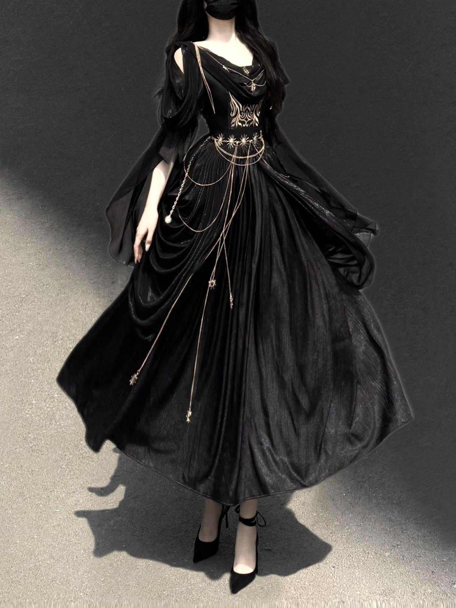 Jing Mu Black Dark Greek Goddess V-neck A Line Women's Vintage Long Elegant Jsk Sets