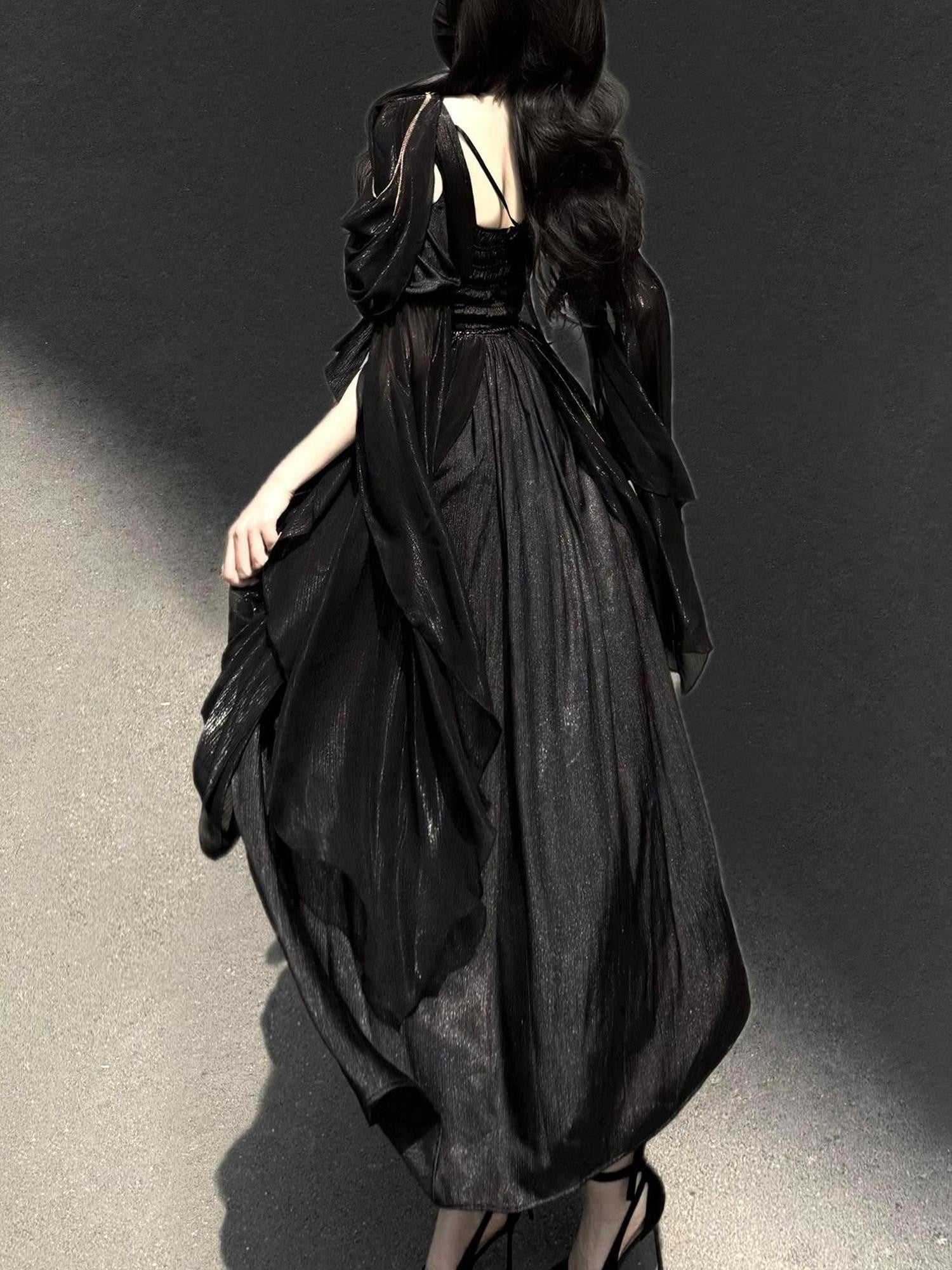 Jing Mu Black Dark Greek Goddess V-neck A Line Women's Vintage Long Elegant Jsk Sets