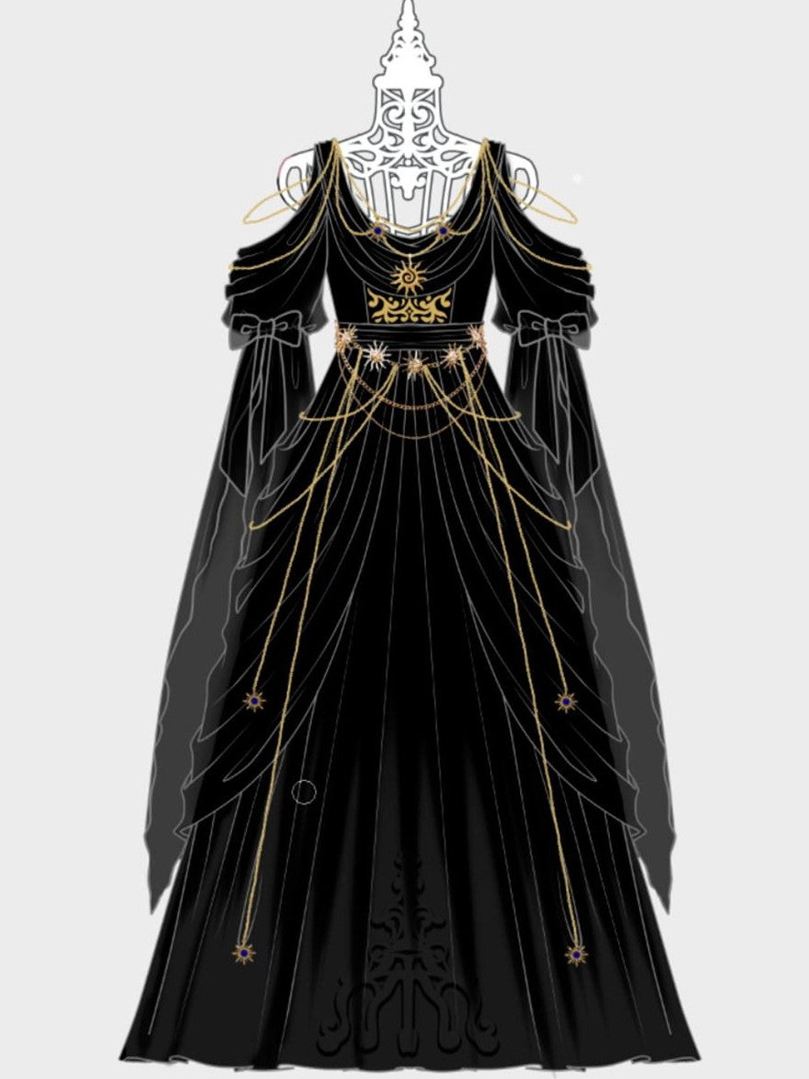 Jing Mu Black Dark Greek Goddess V-neck A Line Women's Vintage Long Elegant Jsk Sets