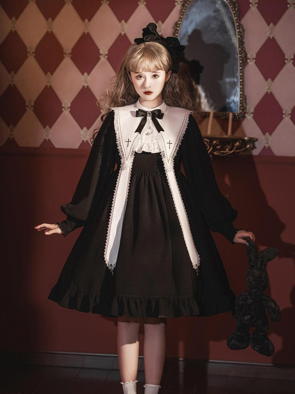 Jing Mu Black Gothic Cross Classic Lolita Princess Women's Long Sleeve Op