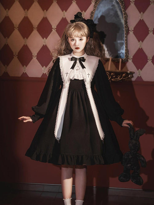 Jing Mu Black Gothic Cross Classic Lolita Princess Women's Long Sleeve Op