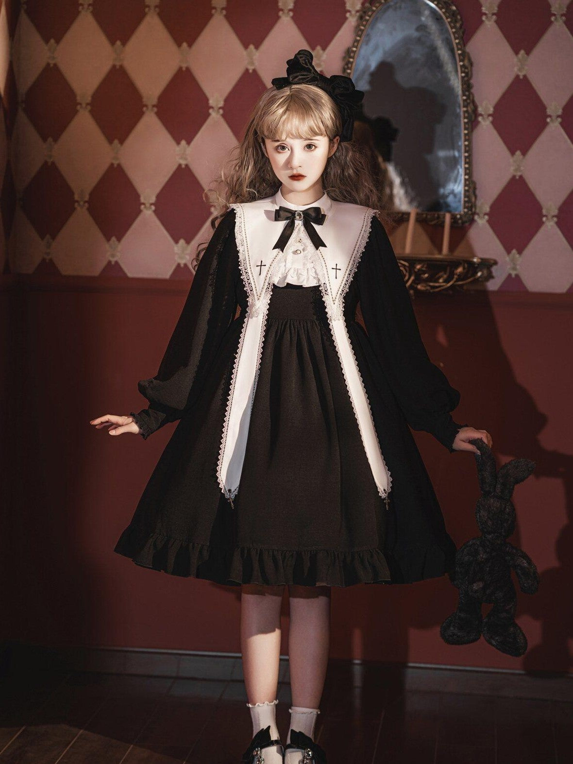 Jing Mu Black Gothic Cross Classic Lolita Princess Women's Long Sleeve Op