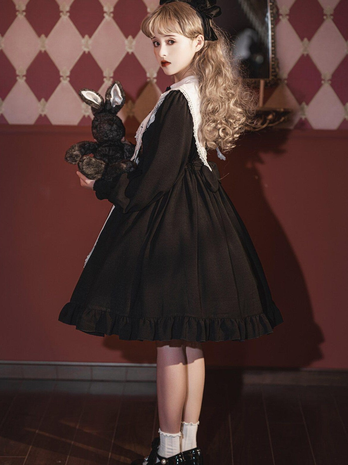 Jing Mu Black Gothic Cross Classic Lolita Princess Women's Long Sleeve Op