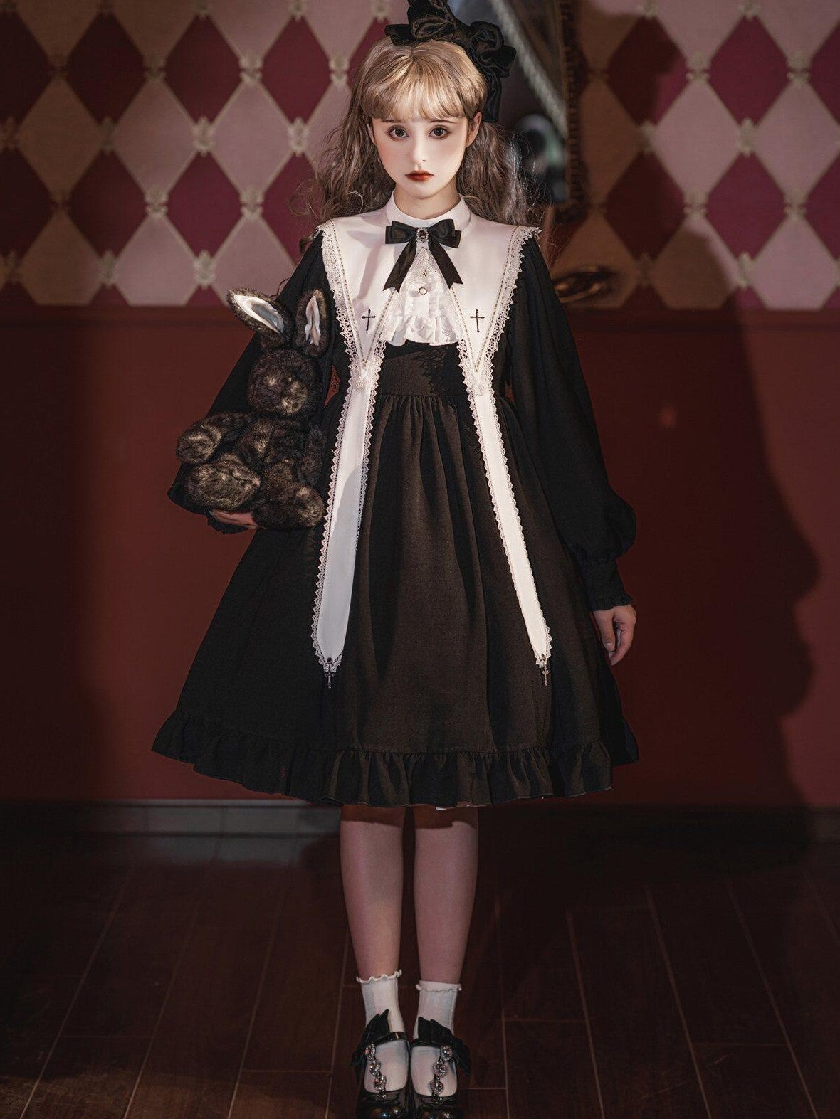 Jing Mu Black Gothic Cross Classic Lolita Princess Women's Long Sleeve Op