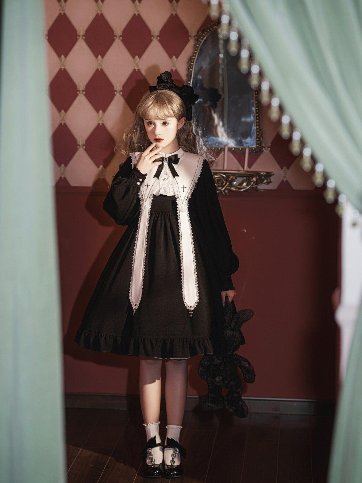 Jing Mu Black Gothic Cross Classic Lolita Princess Women's Long Sleeve Op