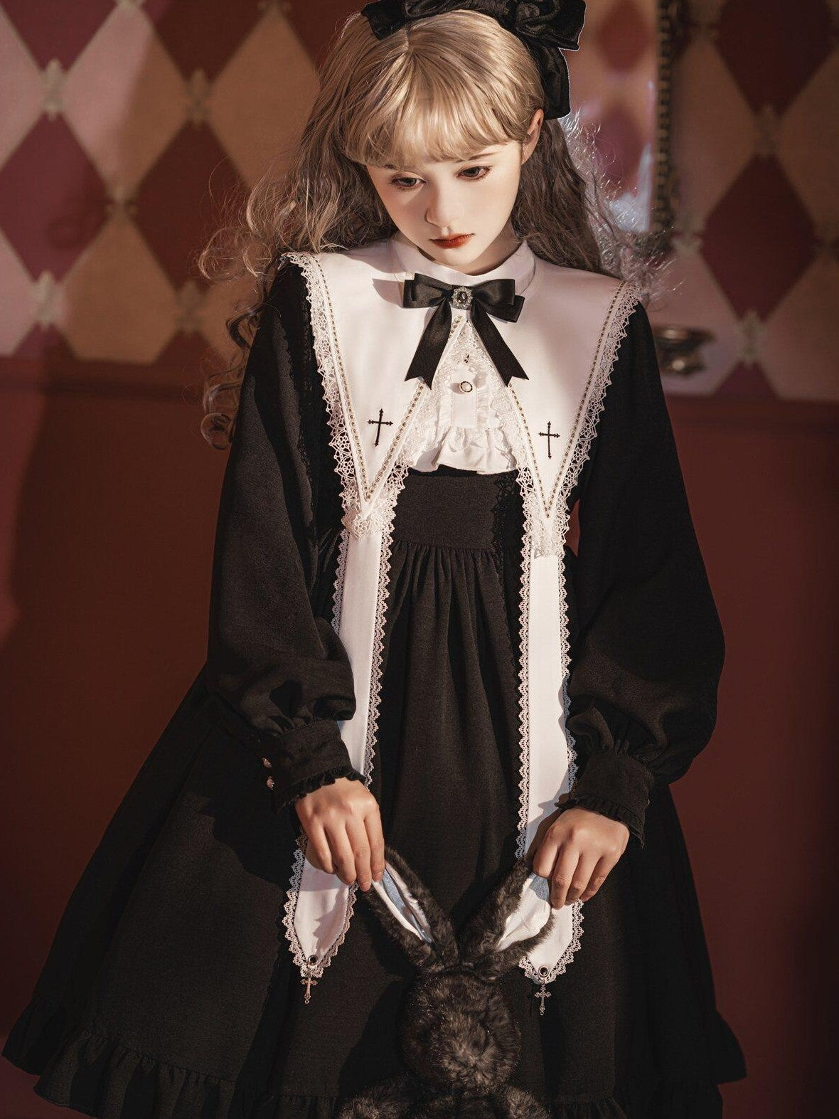 Jing Mu Black Gothic Cross Classic Lolita Princess Women's Long Sleeve Op