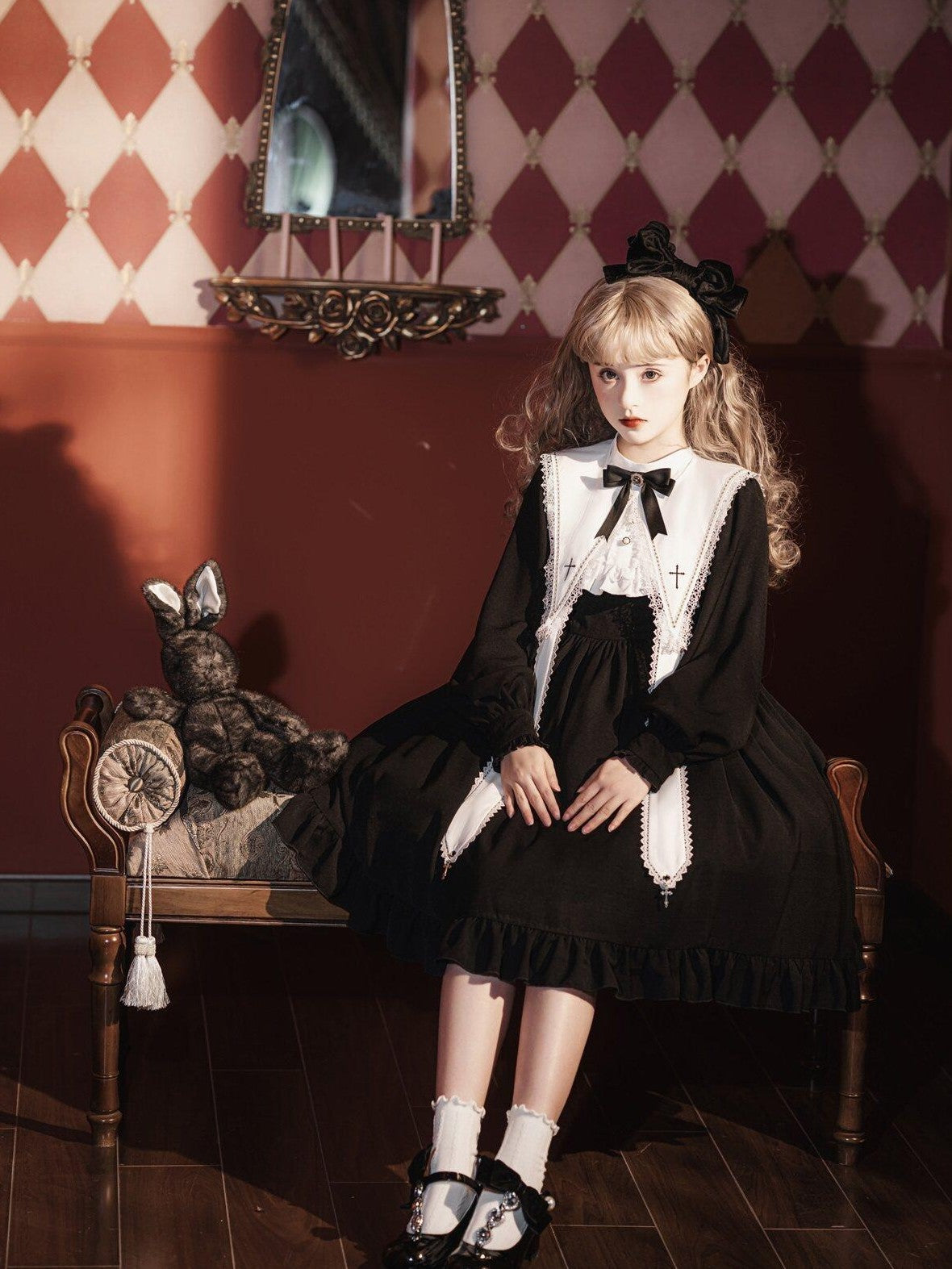 Jing Mu Black Gothic Cross Classic Lolita Princess Women's Long Sleeve Op