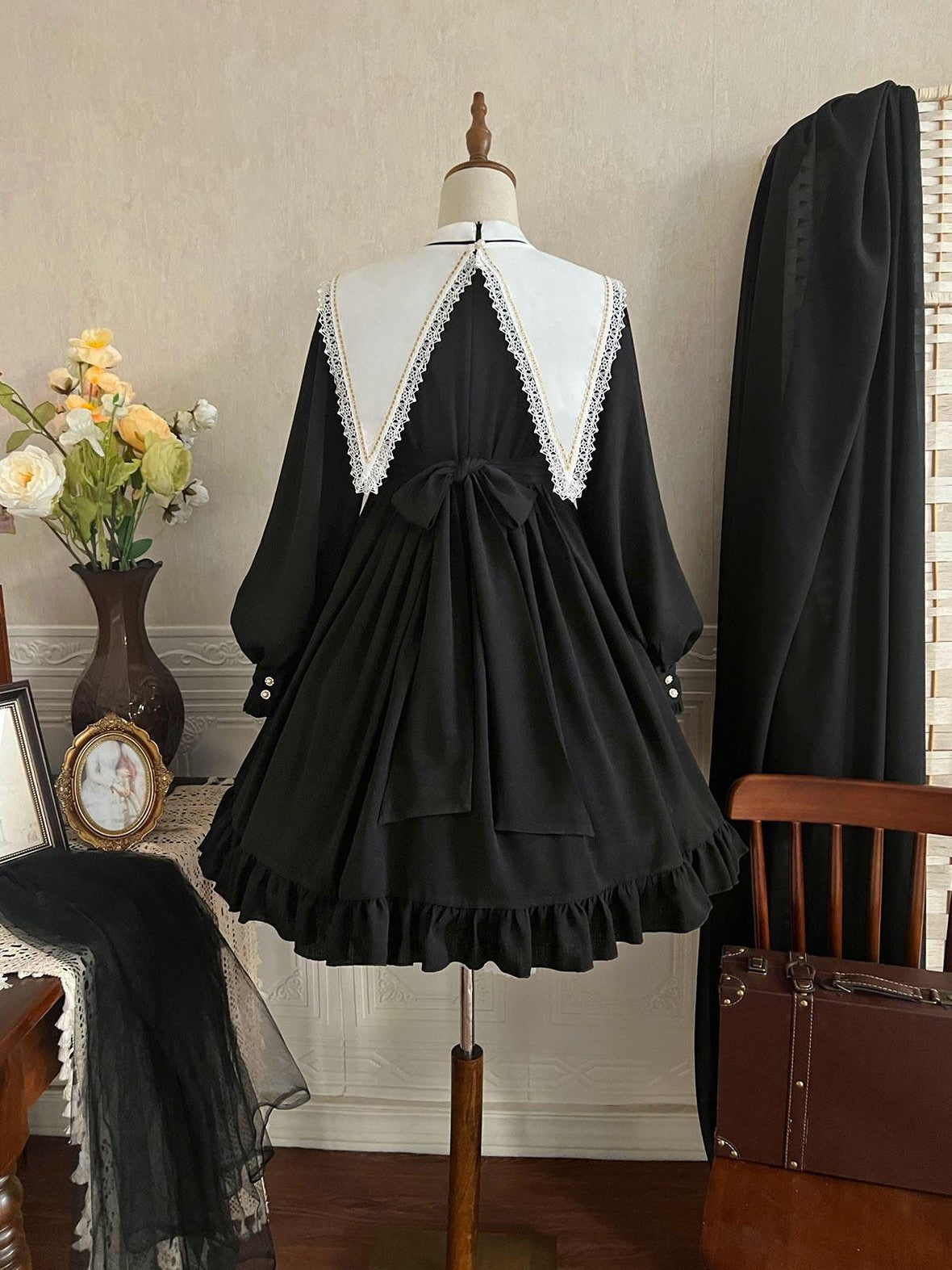 Jing Mu Black Gothic Cross Classic Lolita Princess Women's Long Sleeve Op