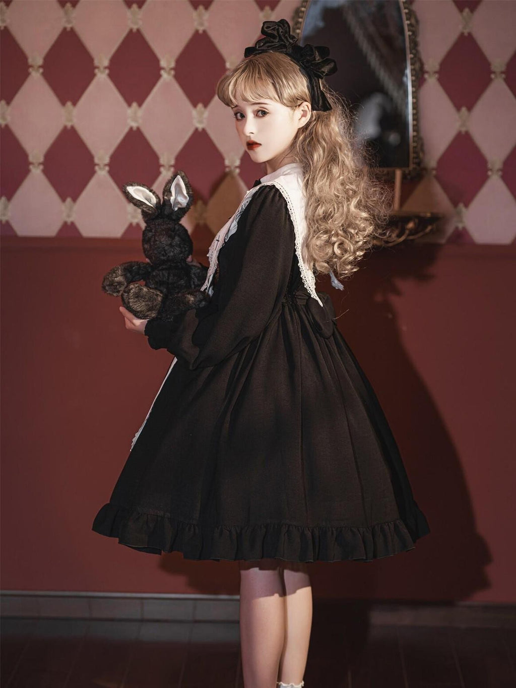 Jing Mu Black Gothic Cross Classic Lolita Princess Women's Long Sleeve Op