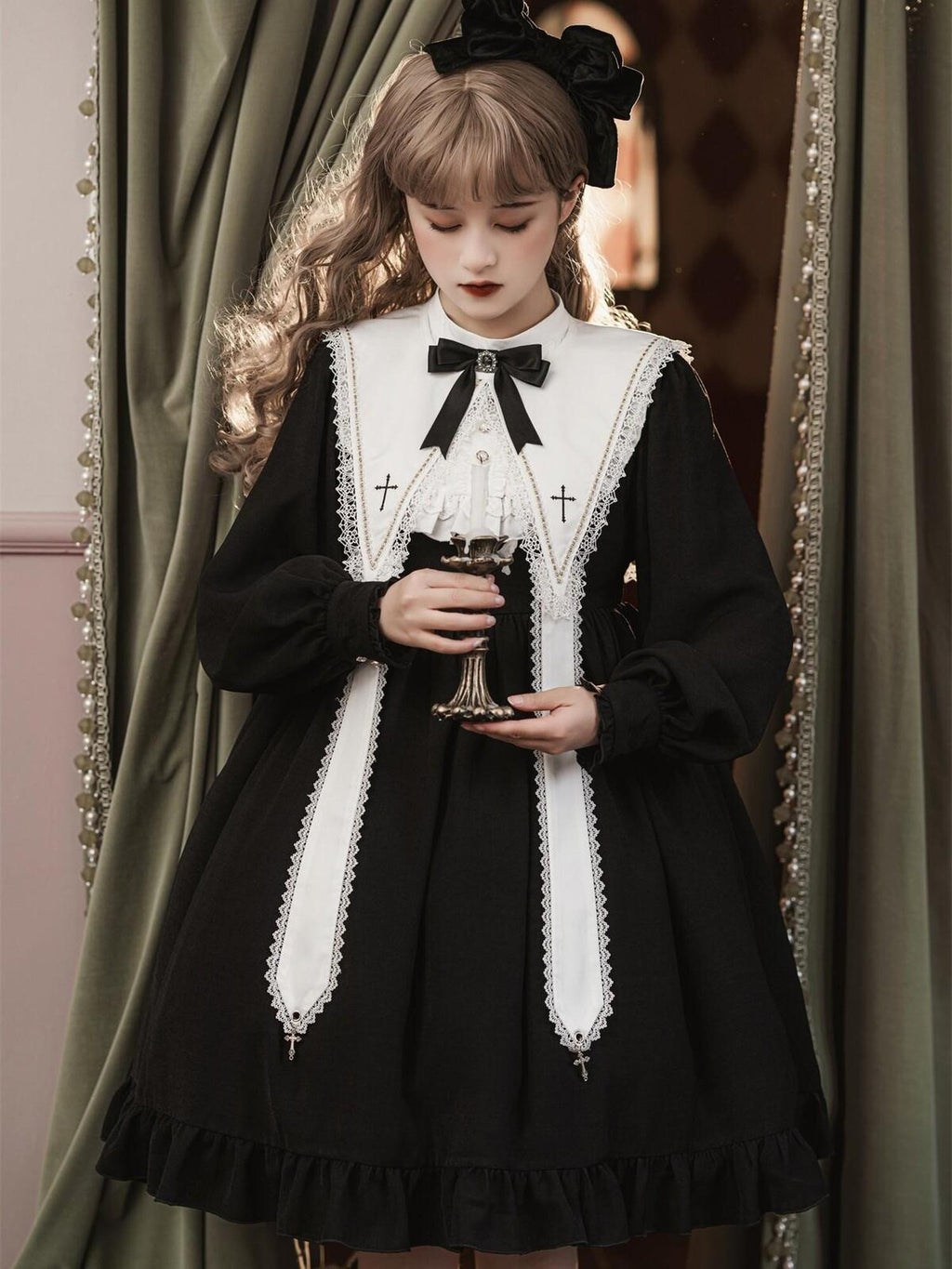 Jing Mu Black Gothic Cross Classic Lolita Princess Women's Long Sleeve Op