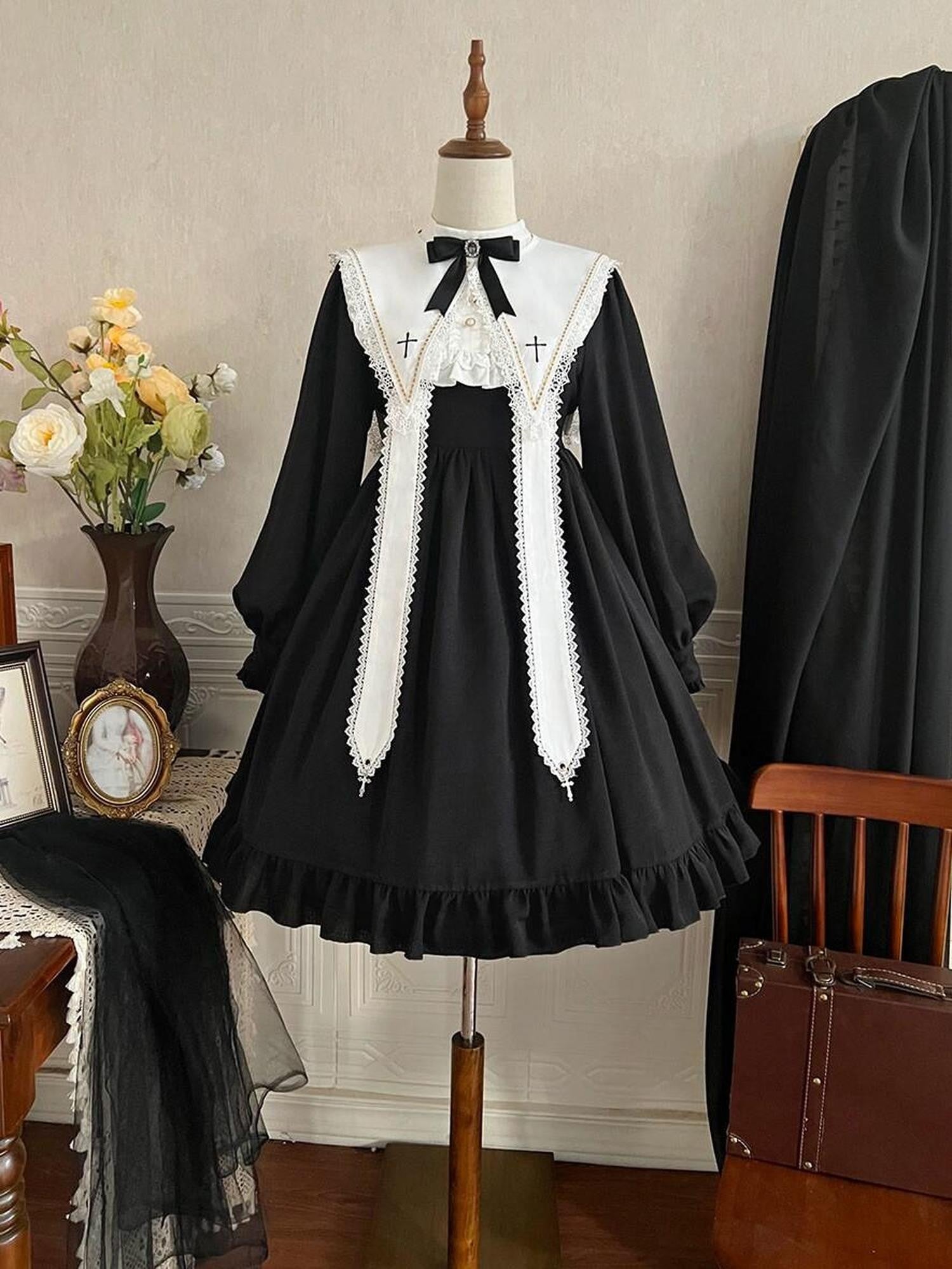 Jing Mu Black Gothic Cross Classic Lolita Princess Women's Long Sleeve Op