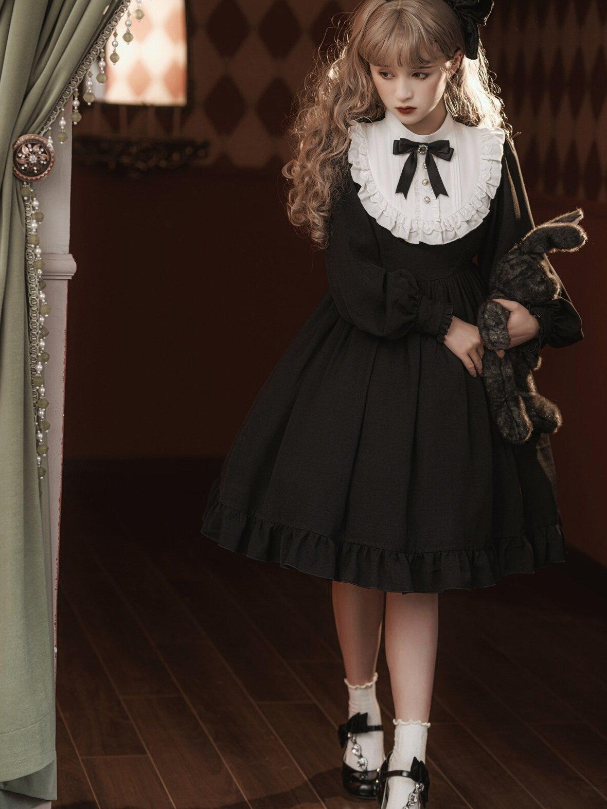 Jing Mu Black Gothic Cross Classic Lolita Princess Women's Long Sleeve Op