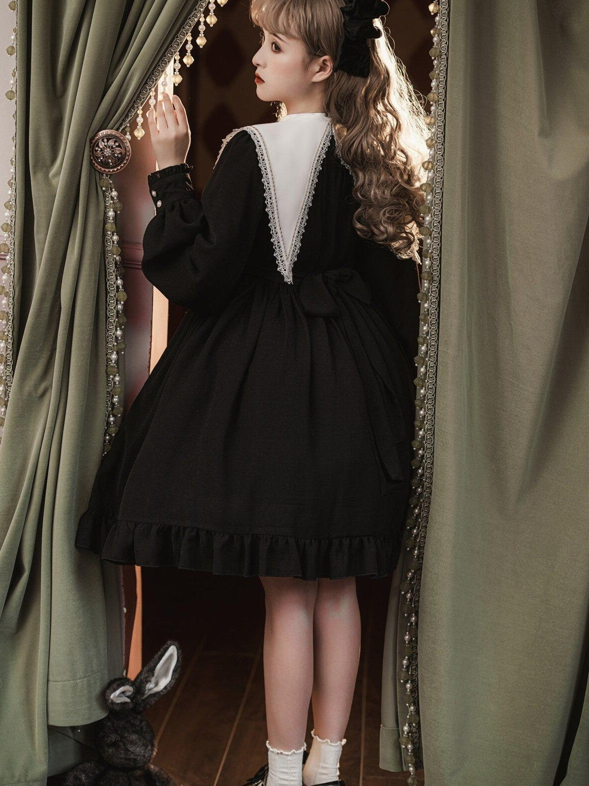 Jing Mu Black Gothic Cross Classic Lolita Princess Women's Long Sleeve Op
