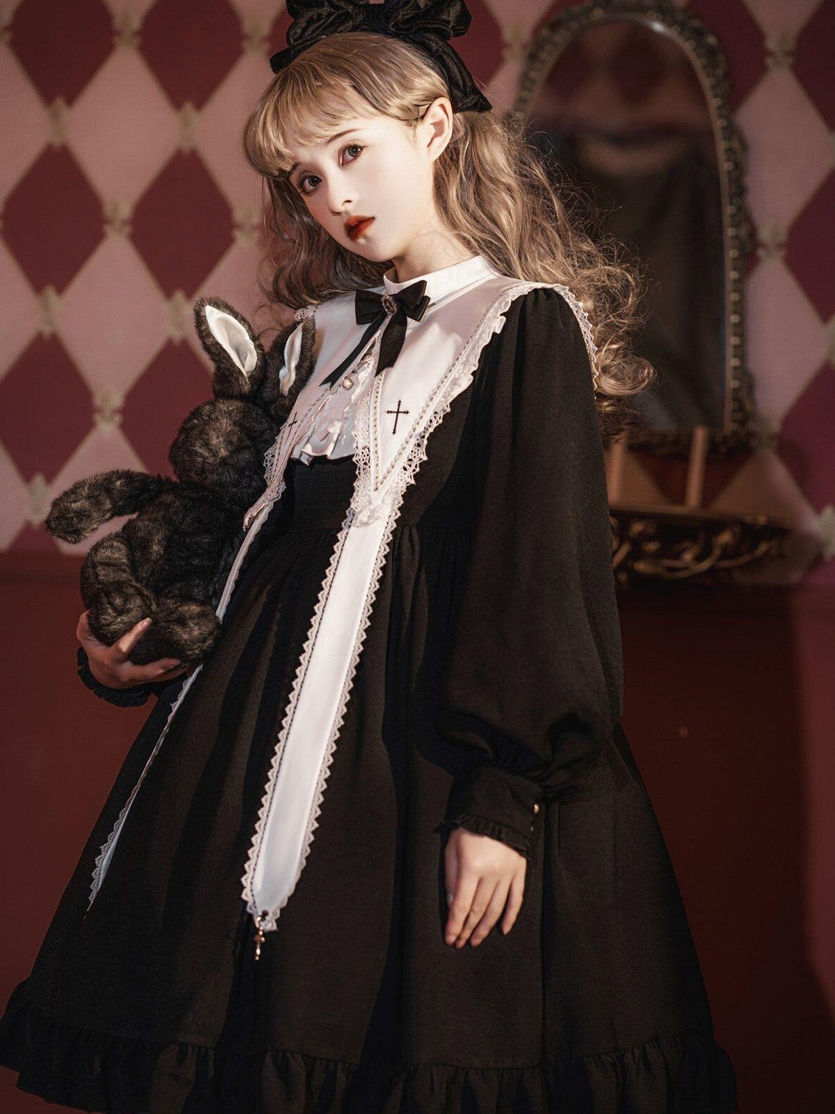 Jing Mu Black Gothic Cross Classic Lolita Princess Women's Long Sleeve Op