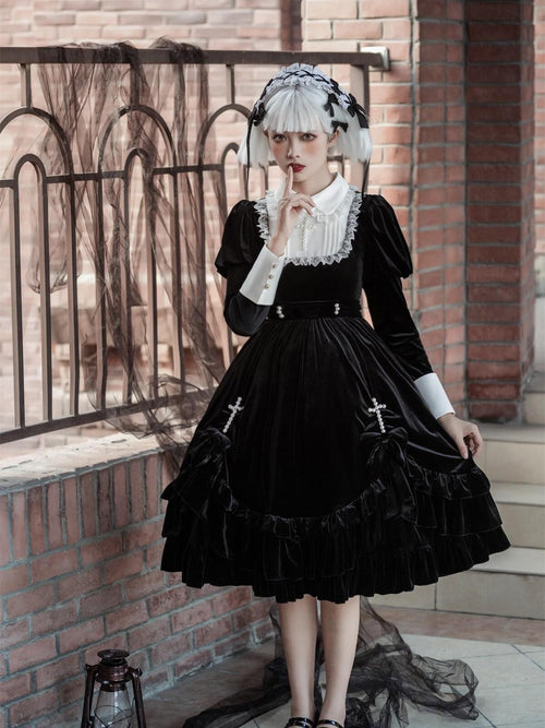 Jing Mu Black Gothic Lolita Cross A Line Women's Polyester Long Sleeve Op