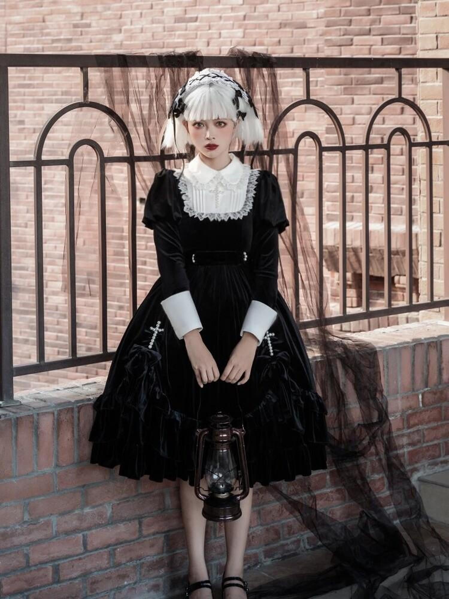 Jing Mu Black Gothic Lolita Cross A Line Women's Polyester Long Sleeve Op