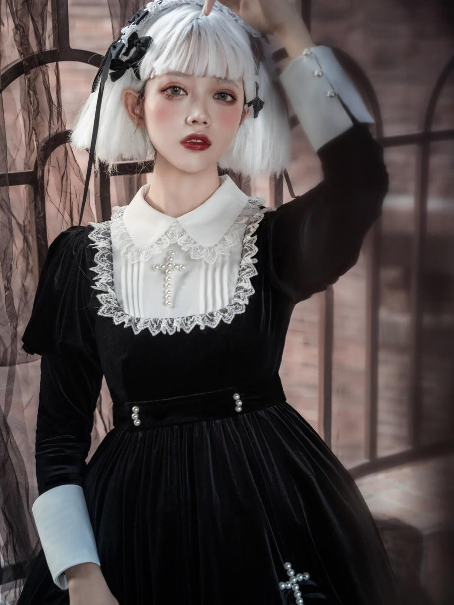 Jing Mu Black Gothic Lolita Cross A Line Women's Polyester Long Sleeve Op