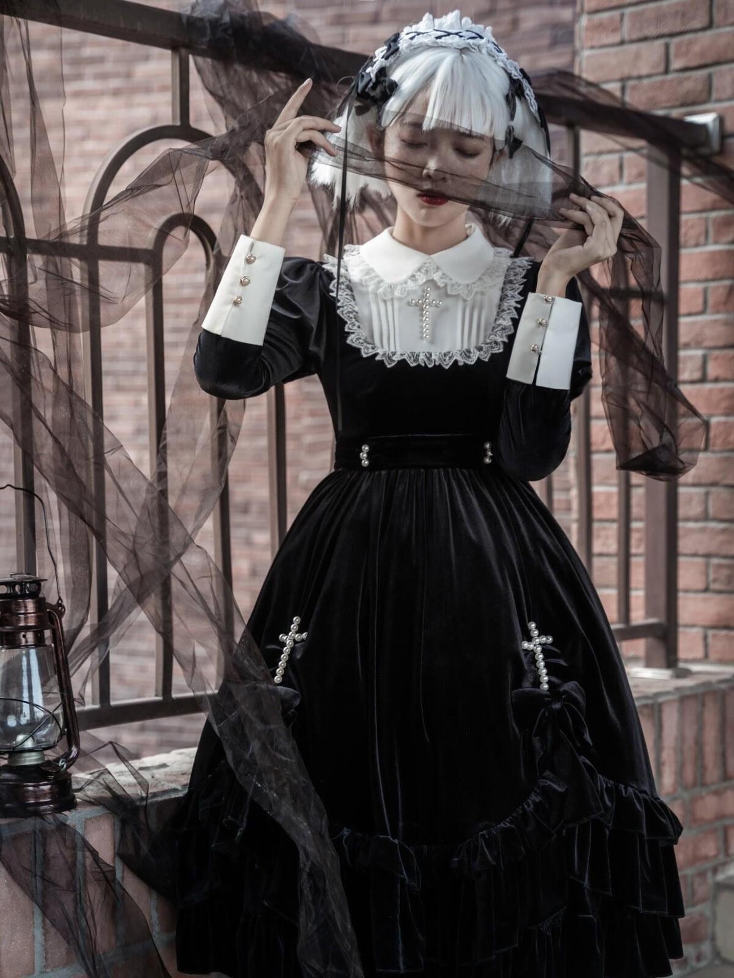 Jing Mu Black Gothic Lolita Cross A Line Women's Polyester Long Sleeve Op