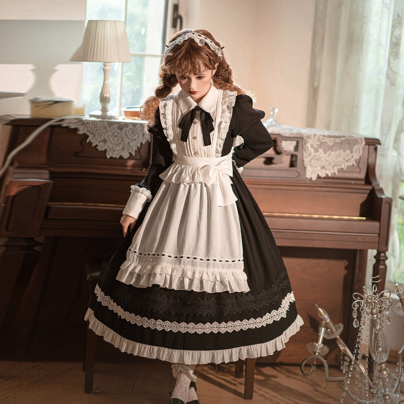 Jing_Mu_Black_Maid_Apron_Lolita_Stand_Collar_Zipper_Women's_Polyester_Long_Sleeve_Op_655646101370_MISSTT
