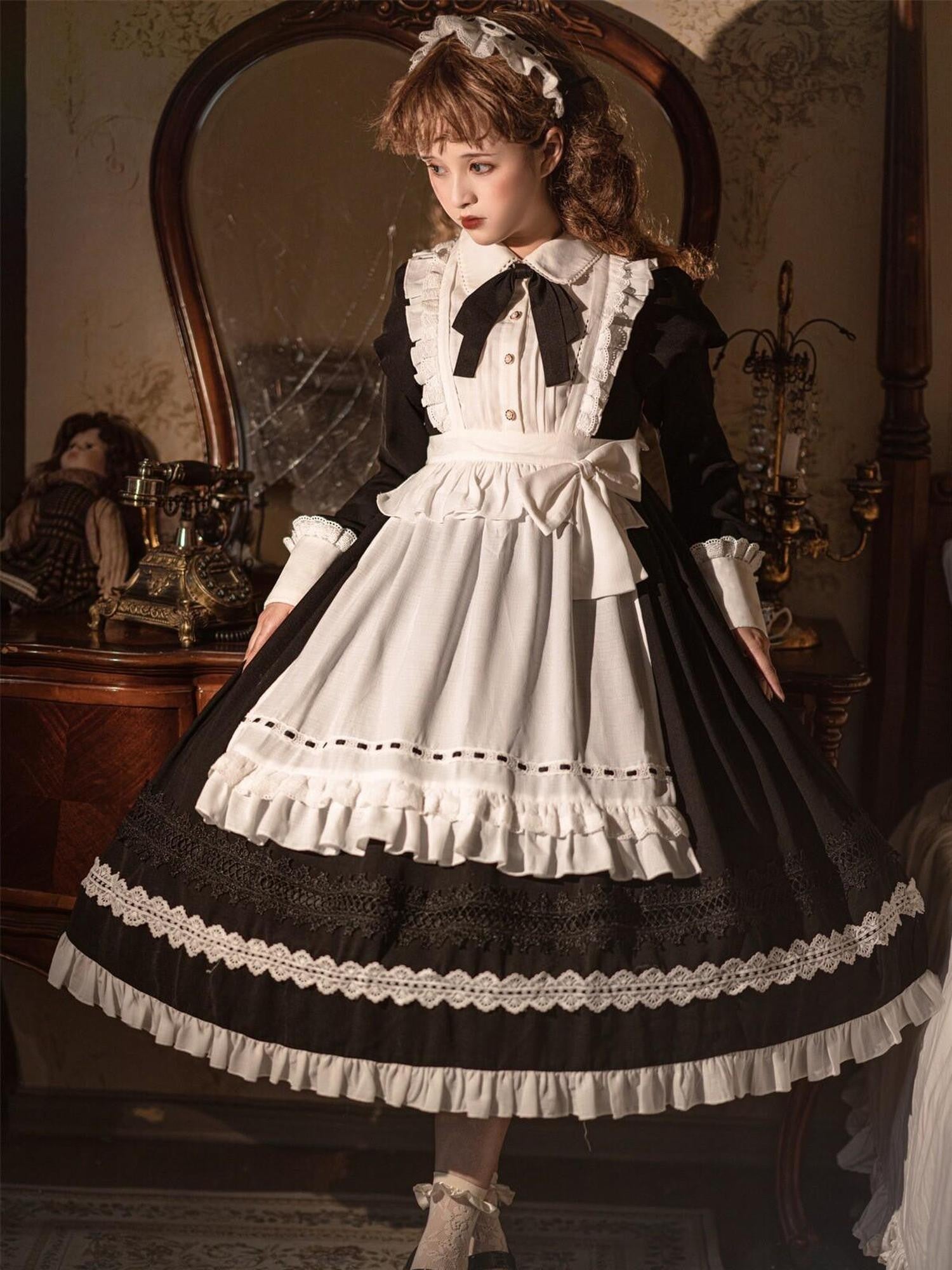 Jing Mu Black Maid Apron Lolita Stand Collar Zipper Women's Polyester Long Sleeve Op