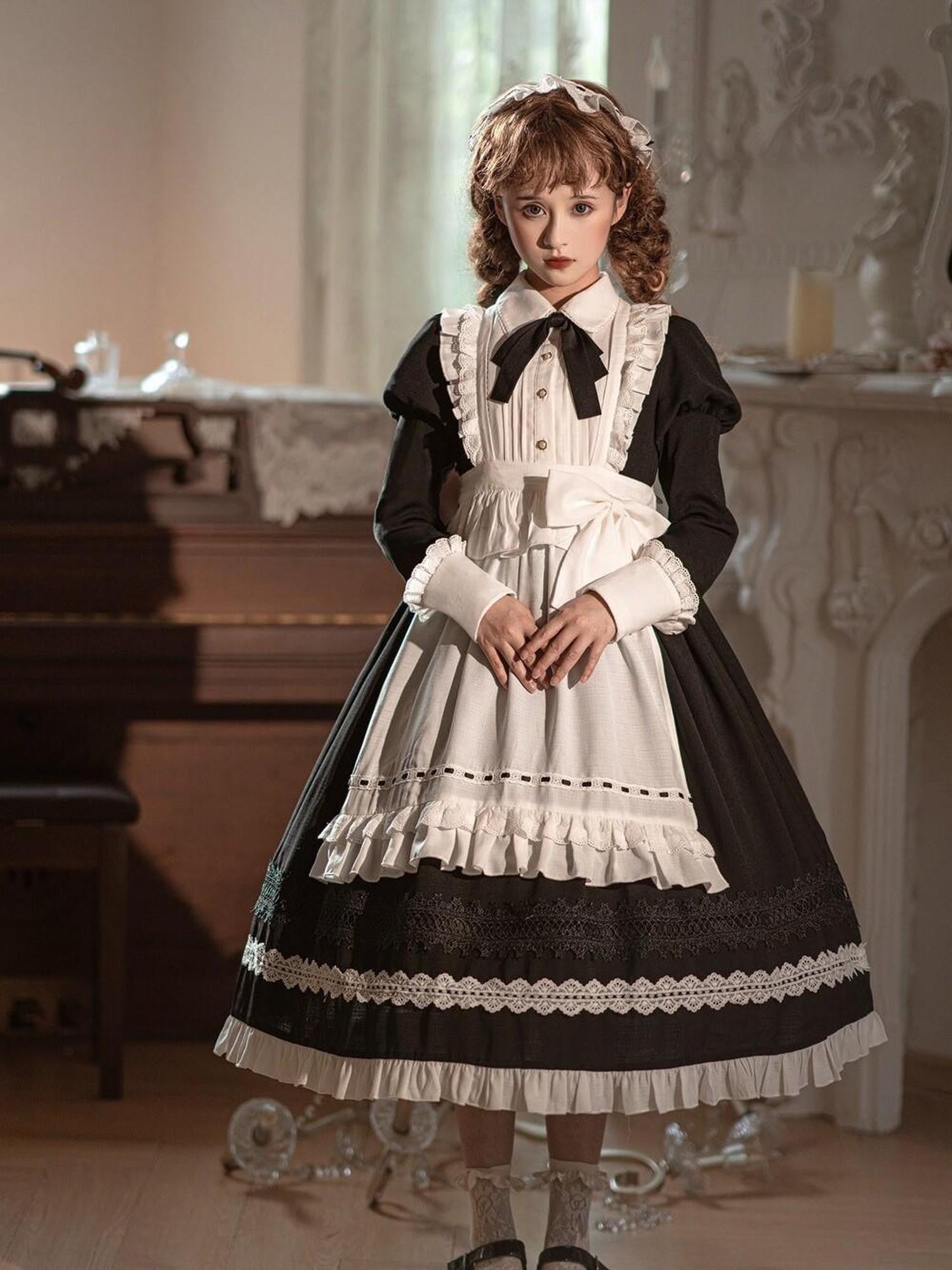 Jing Mu Black Maid Apron Lolita Stand Collar Zipper Women's Polyester Long Sleeve Op