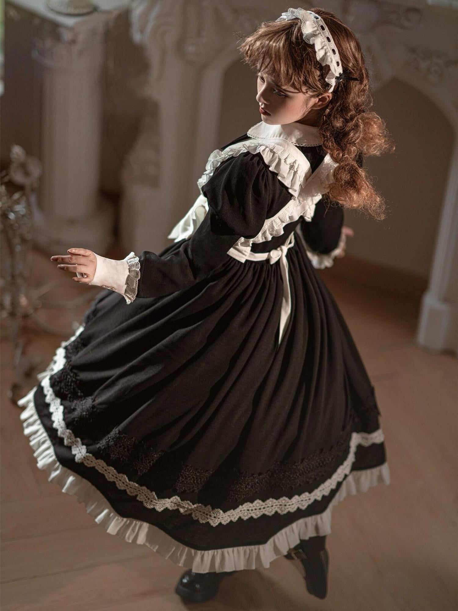 Jing Mu Black Maid Apron Lolita Stand Collar Zipper Women's Polyester Long Sleeve Op