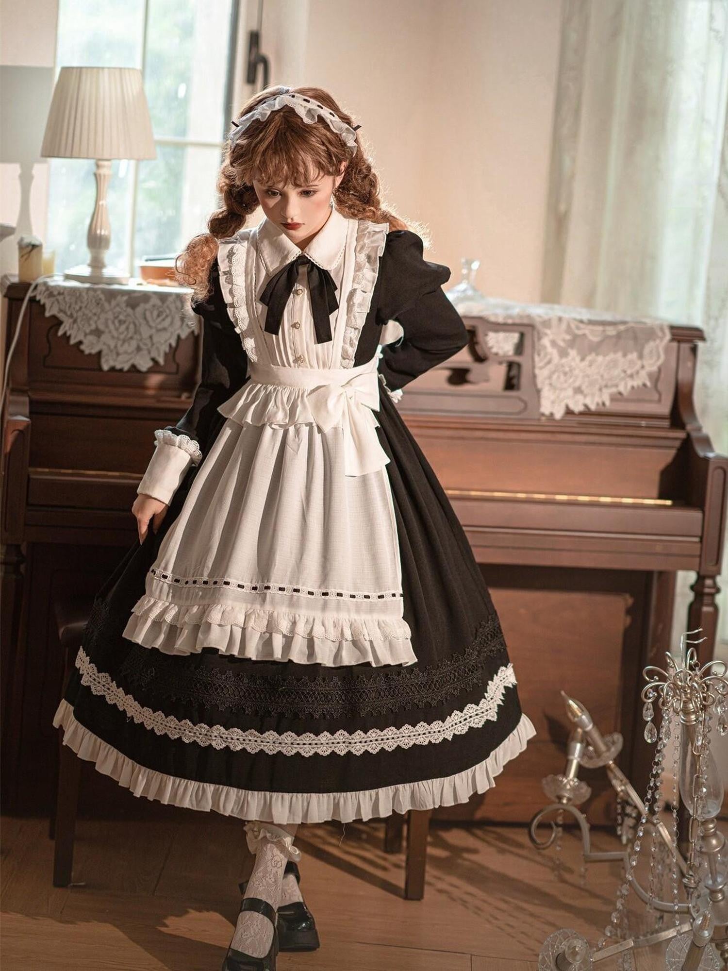 Jing Mu Black Maid Apron Lolita Stand Collar Zipper Women's Polyester Long Sleeve Op