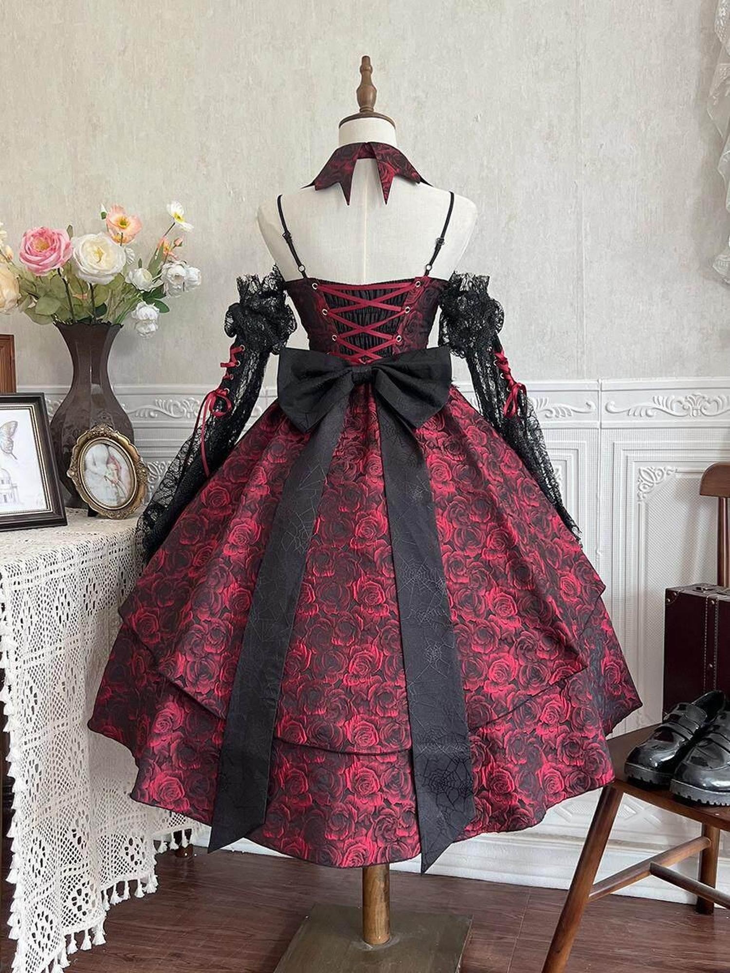 Jing Mu Black Red Gothic Rose Square Neck Detachable Sleeves Women's Jsk / Jumper Skirts