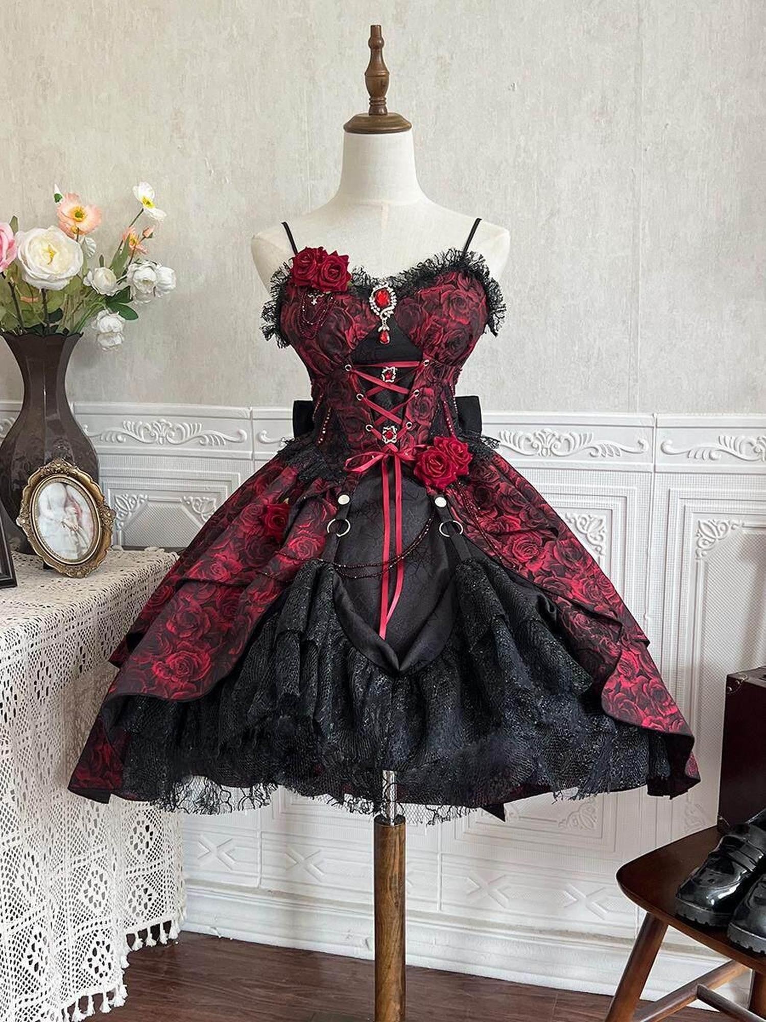Jing Mu Black Red Gothic Rose Square Neck Detachable Sleeves Women's Jsk / Jumper Skirts