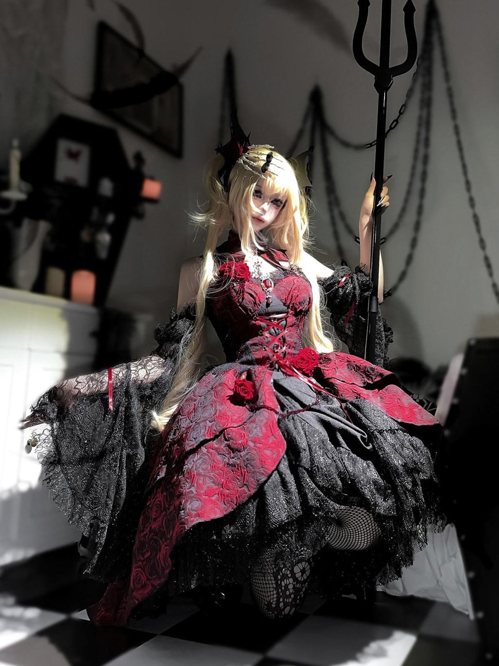 Jing Mu Black Red Gothic Rose Square Neck Detachable Sleeves Women's Jsk / Jumper Skirts