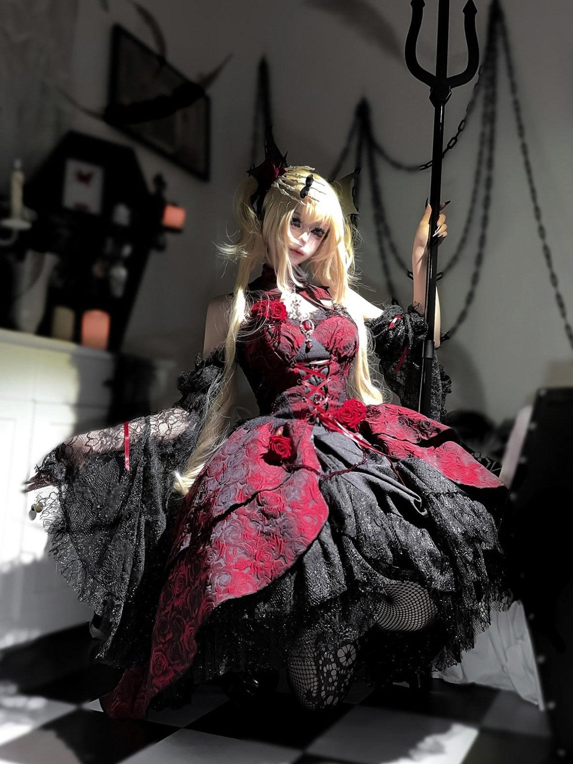 Jing Mu Black Red Gothic Rose Square Neck Detachable Sleeves Women's Jsk / Jumper Skirts