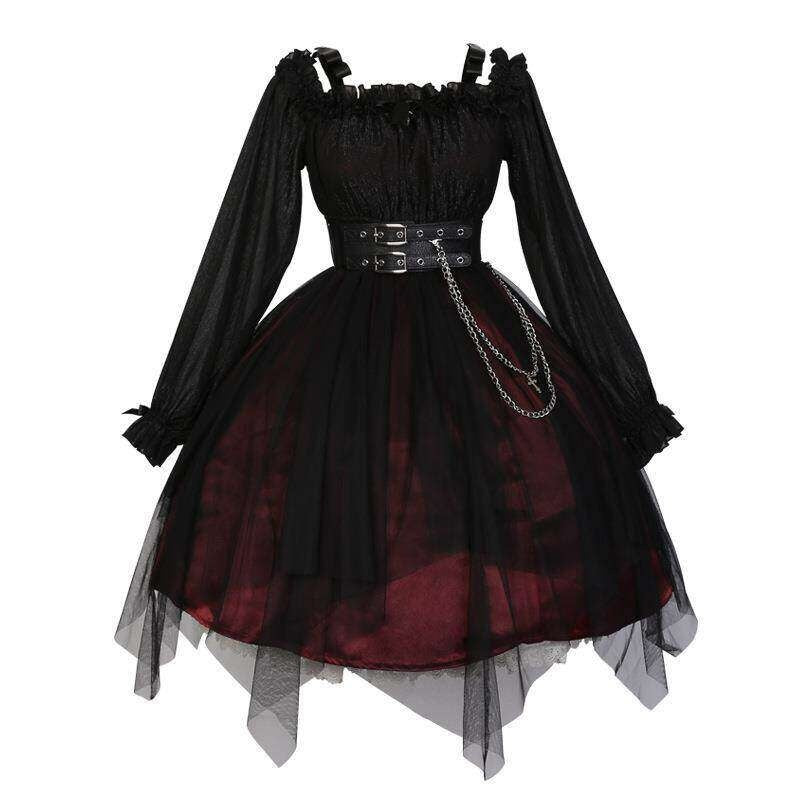Jing_Mu_Black_Vintage_Lolita_Square_Neck_Slim_Fit_Women's_Long_Sleeve_Op_717932966573_MISSTT