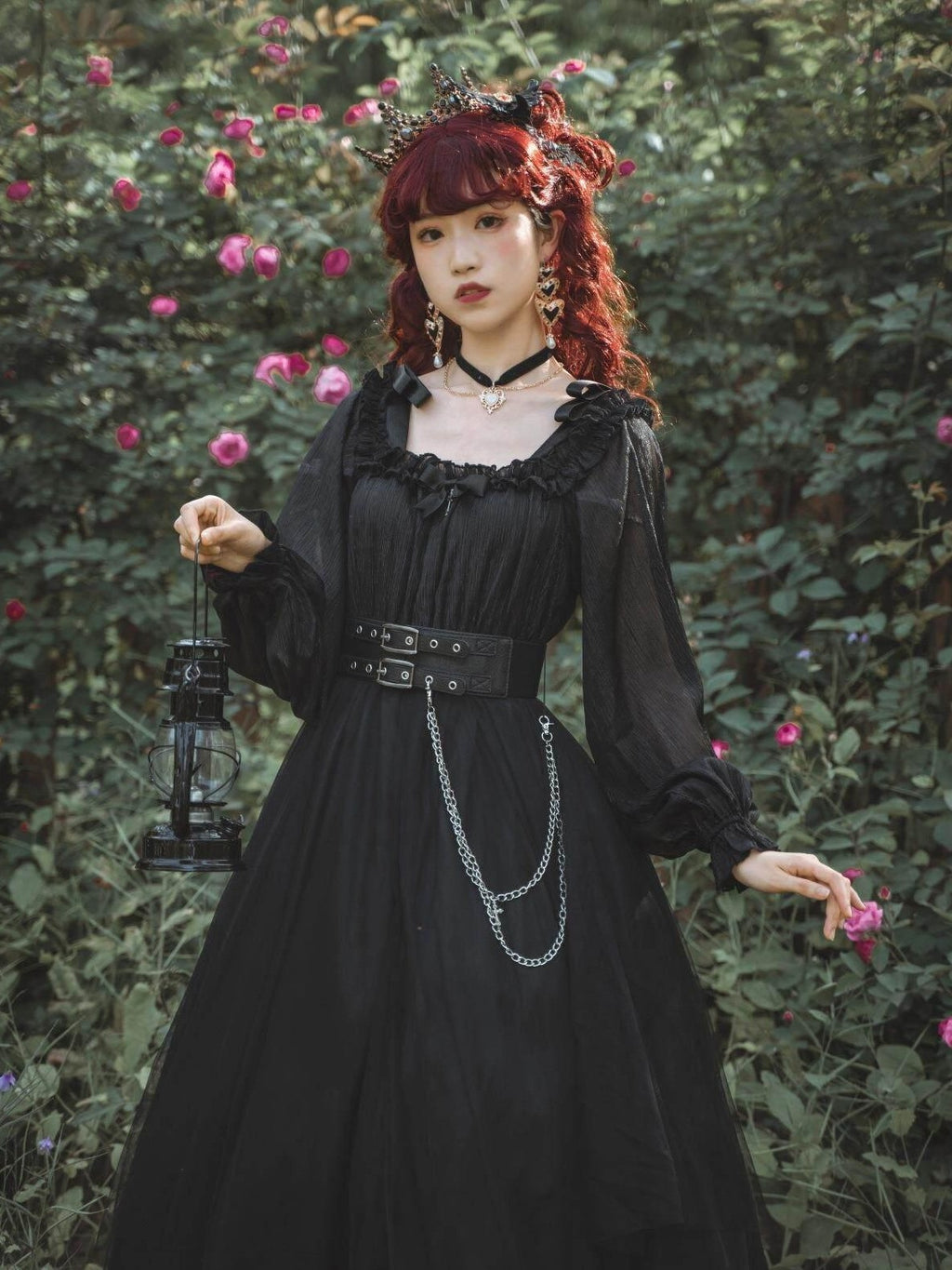Jing Mu Black Vintage Lolita Square Neck Slim Fit Women's Long Sleeve Op