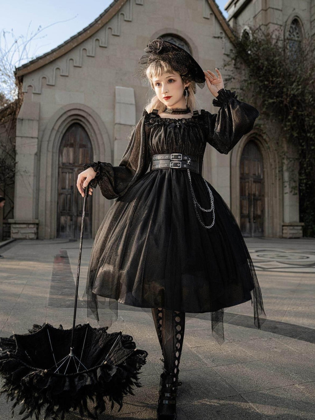 Jing Mu Black Vintage Lolita Square Neck Slim Fit Women's Long Sleeve Op