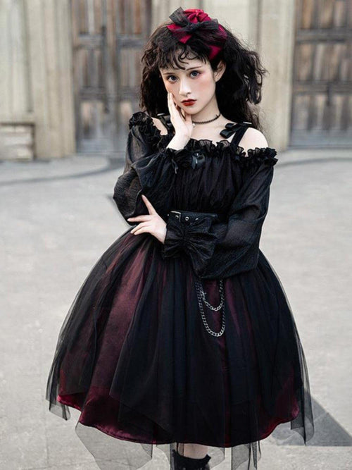 Jing Mu Black Vintage Lolita Square Neck Slim Fit Women's Long Sleeve Op
